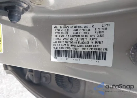 2013 Honda Accord Ex-L V-6 z USA, uszkodzony, nr VIN 1HGCR3F87DA027909